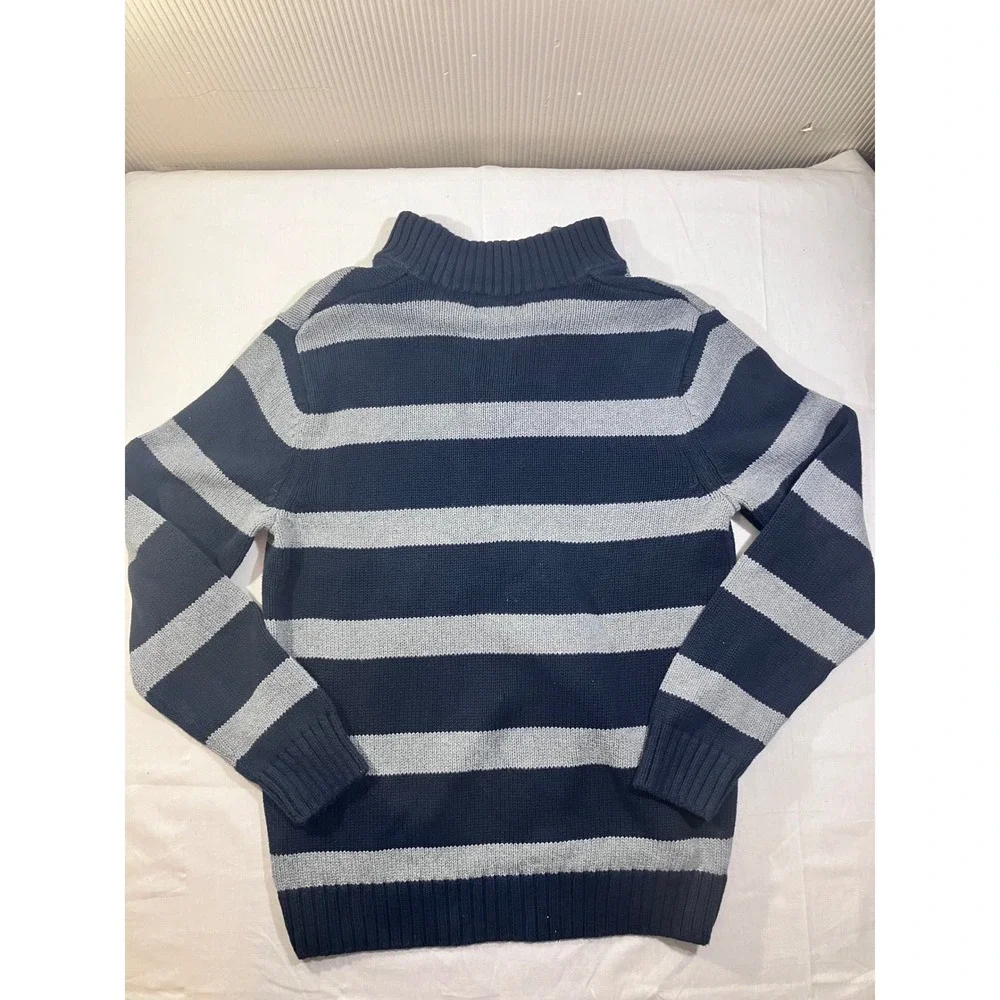 Chaps Mens Small Quarter‎ Zip Pullover Sweater Navy Blue Gray Striped Cotton